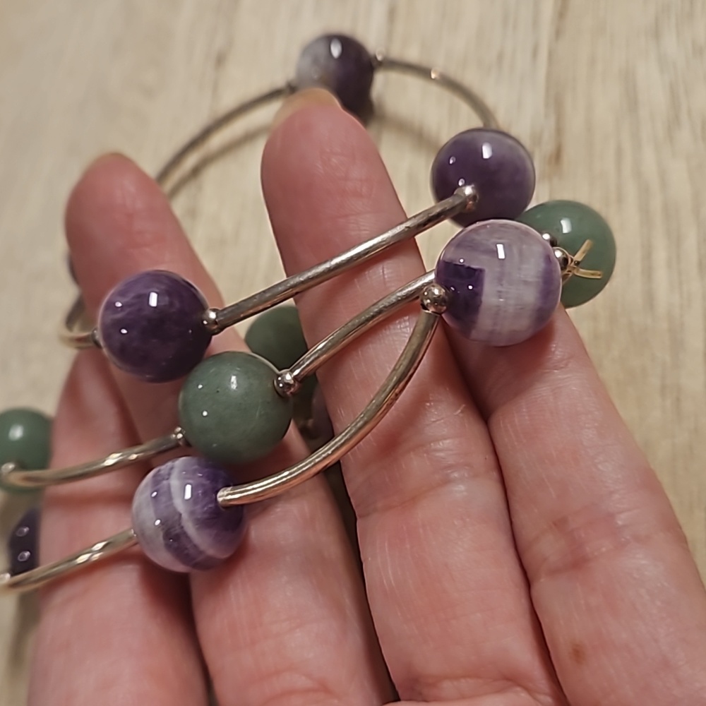 3 pc.stretchy silvertone glass faux gemstone bracelets green purple STACK 'EM! - Picture 4 of 4